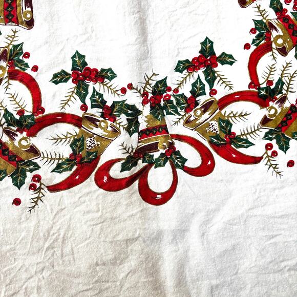 Vintage Christmas tablecloth Y2K long rectangle holiday white red green FLAWS - Picture 8 of 9